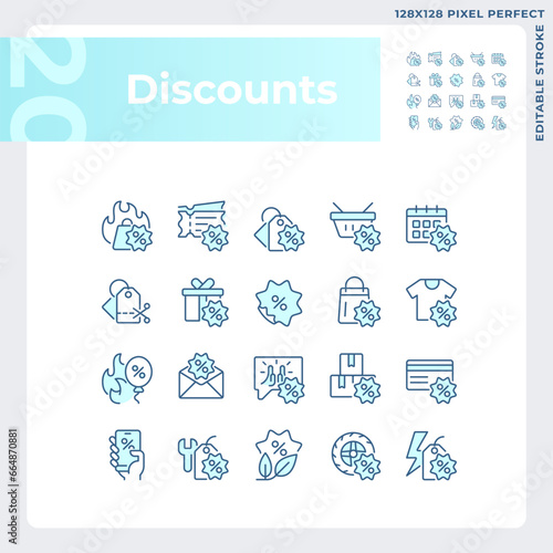 Pixel perfect blue icons set representing discounts, editable thin line illustration.
