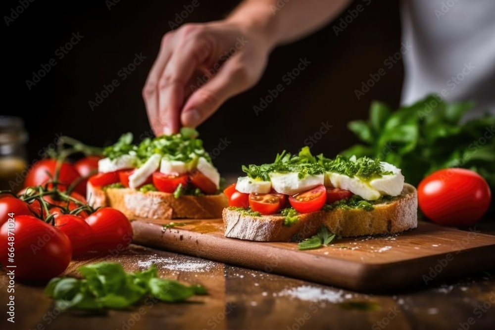 hand placing a slice of mozzarella on bruschetta
