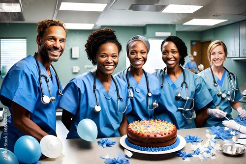Capturing the joy of a milestone achieved – a young nursing student and her team, all in scrubs, with a proud doctor intern leading the way photo