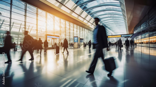  Airport pedestrian. traveler, baggage, security, check-in, departure, board, custom, People walking in a hurry at the airport. Concept of busy business