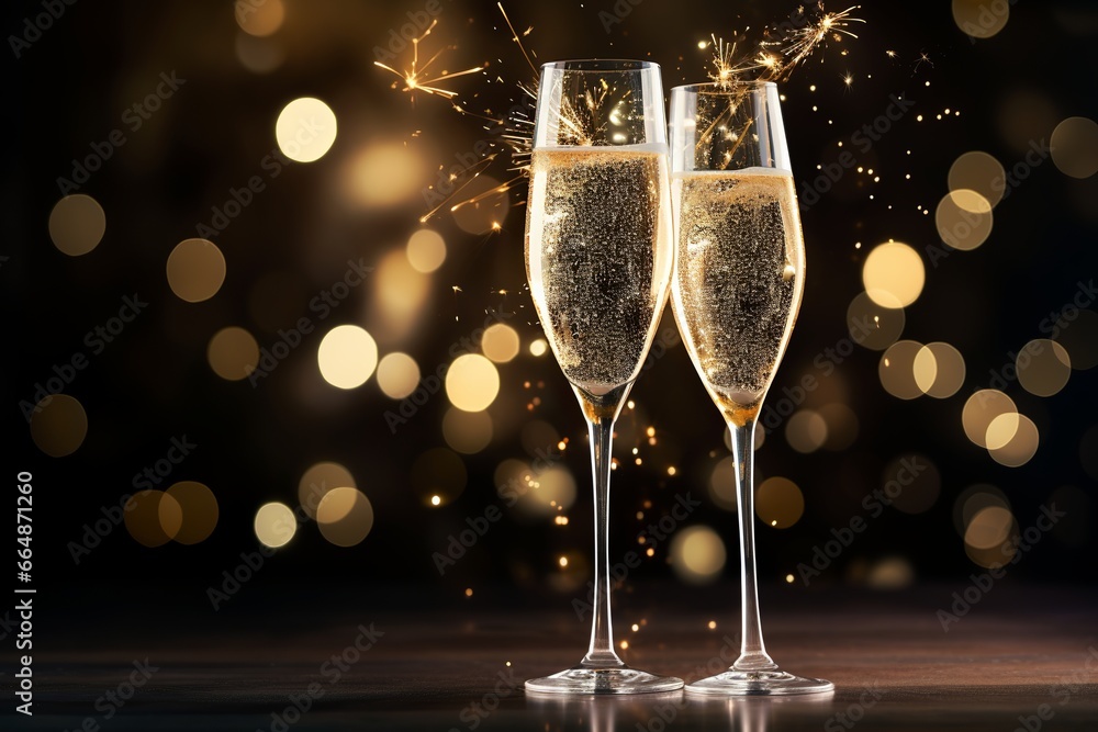 Two Glasses Of Champagne On Table With Sparkles on Background Two Glasses Of Champagne On Table With Sparkles on Background