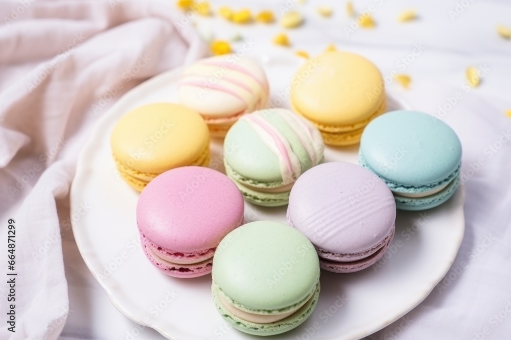 french macarons in pastel colors on marble surface french macarons in pastel colors on marble surface
