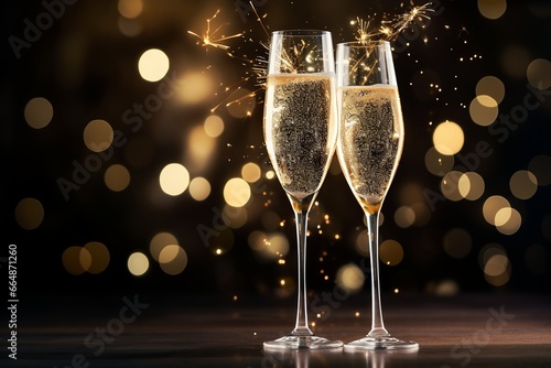 Two Glasses Of Champagne On Table With Sparkles on Background