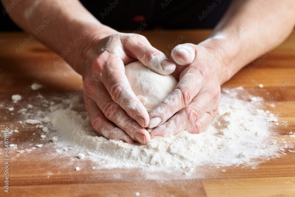 hands kneading dough on a flour-dusted counter