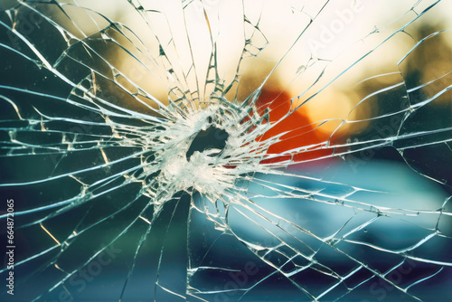 A car s windshield  damaged by a bullet shot  representing a firearm attack and the ensuing destruction.