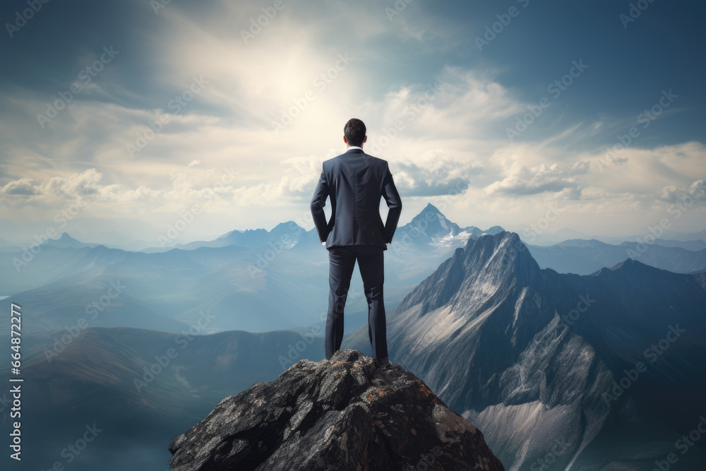A determined man reaching the pinnacle of a stone peak, symbolizing his climb to the top of the corporate ladder in the business world.