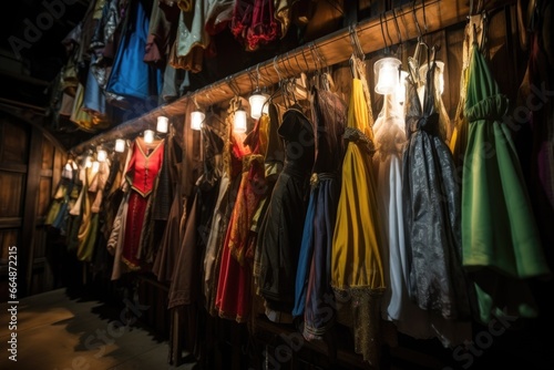collection of theater costumes on a rack in dim lighting