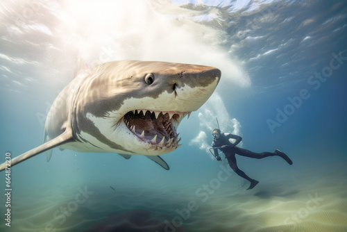 a brave diver encounters a formidable shark  showcasing the thrilling coexistence of humans and dangerous wildlife beneath the waves.