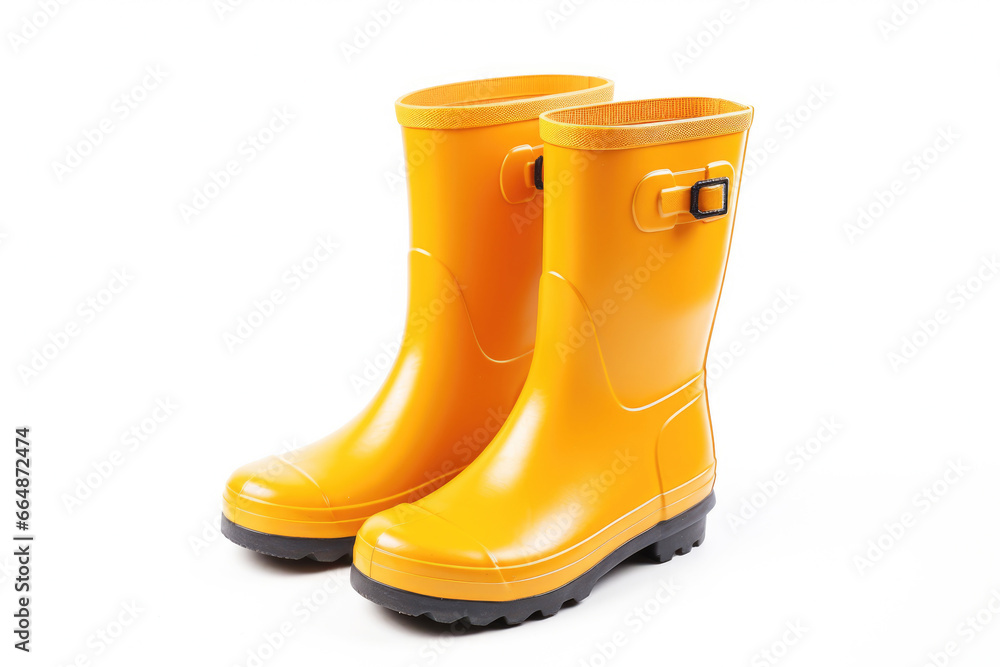 Yellow rain boots, made of waterproof rubber, are essential for wet weather and garden work, keeping your feet dry and stylish. Isolated on white background Yellow rain boots, made of waterproof rubber, are essential for wet weather and garden work, keeping your feet dry and stylish. Isolated on white background