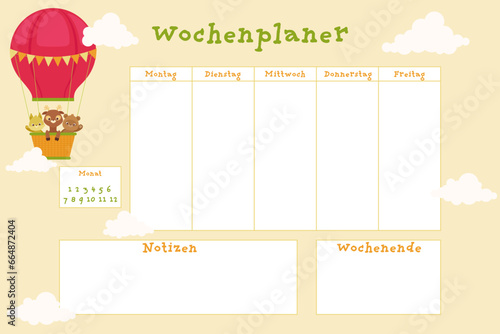 German weekly calendar. German inscriptions means 