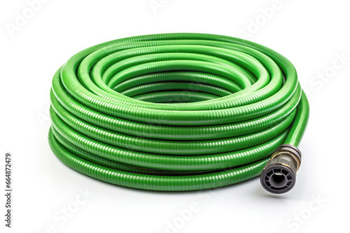 A green garden hose, an essential outdoor watering tool. Isolated on white background