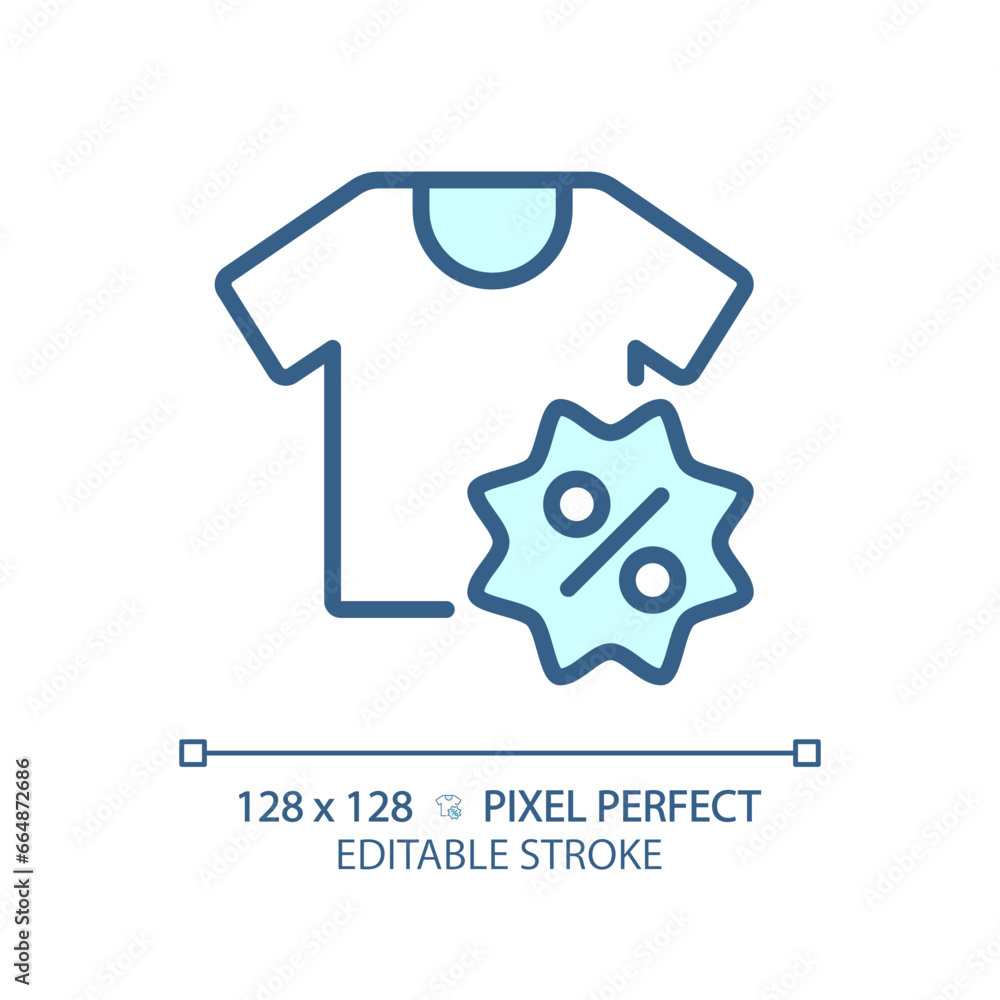 2D pixel perfect editable blue clothing discount icon, isolated monochromatic vector, thin line illustration representing discounts. 2D pixel perfect editable blue clothing discount icon, isolated monochromatic vector, thin line illustration representing discounts.