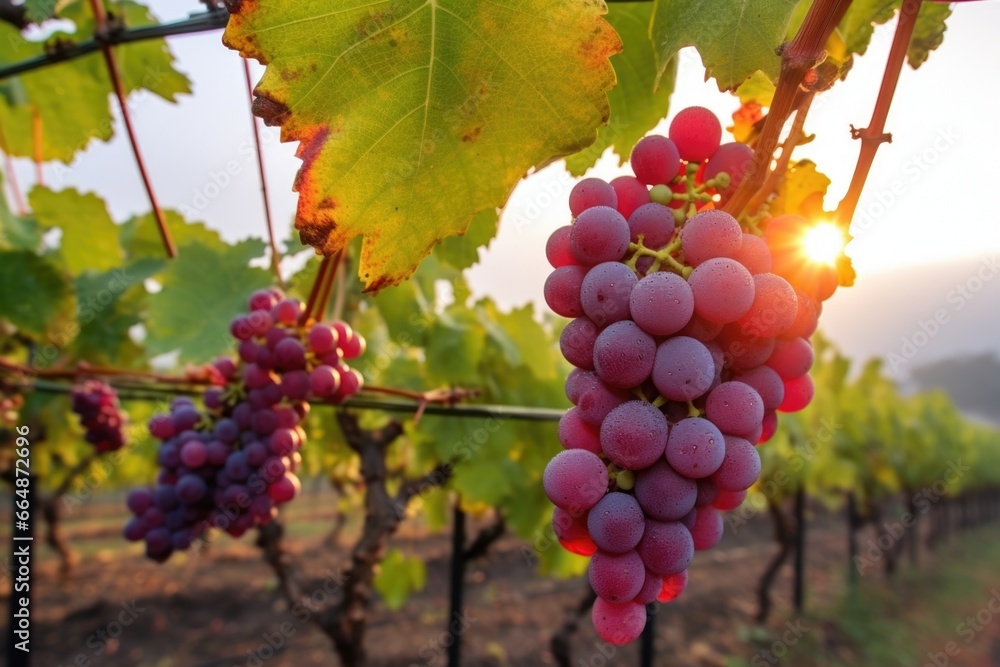 Naklejka premium morning dewy vineyard shot with grapes ready for harvest