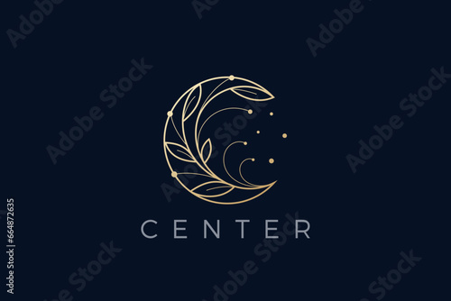 Elegant Moon Logo Letter C Floral Design Vector Linear Outline style. Flourish Luxury Fashion Jewelry Logotype concept.