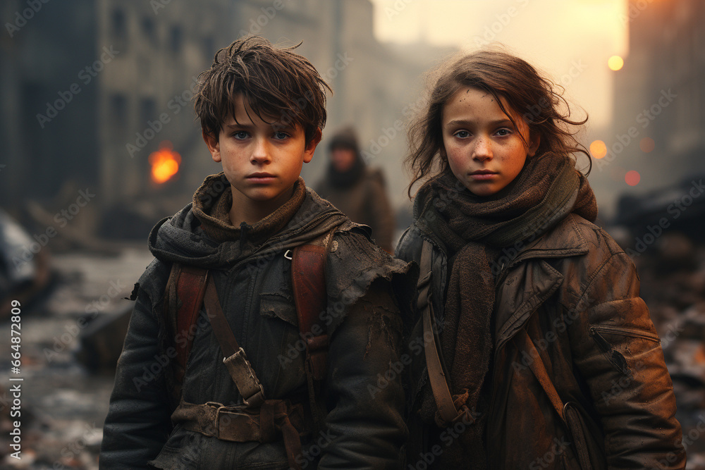 War-ravaged children, their innocence stolen by the harsh realities of conflict, symbolizing the urgent need for peace and humanitarian aid. Ai generated War-ravaged children, their innocence stolen by the harsh realities of conflict, symbolizing the urgent need for peace and humanitarian aid. Ai generated