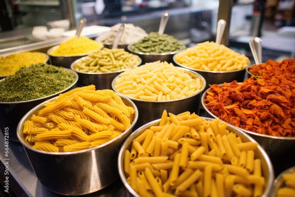 samples of different types of pasta on a shelf in an italian deli