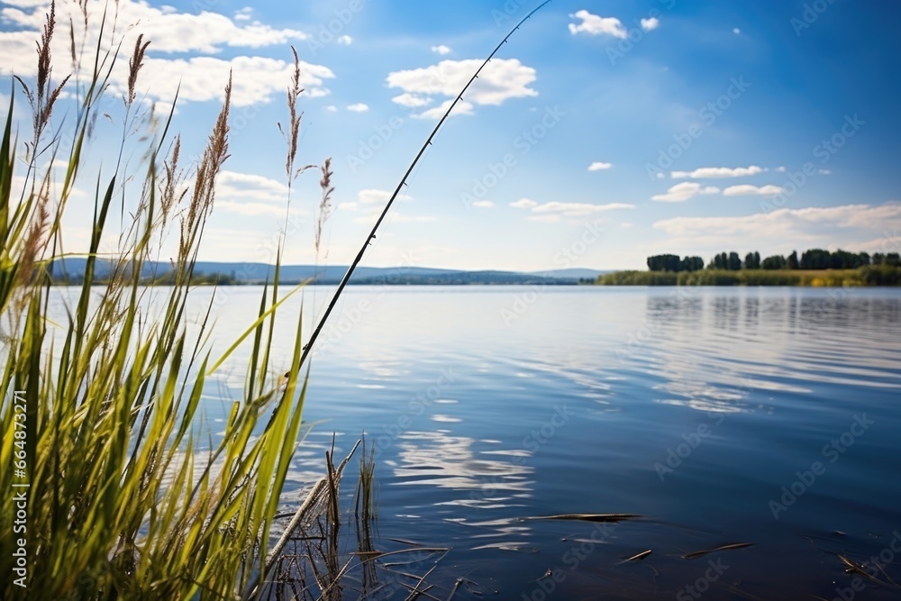 a fishing rod and catch by a calming lake a fishing rod and catch by a calming lake
