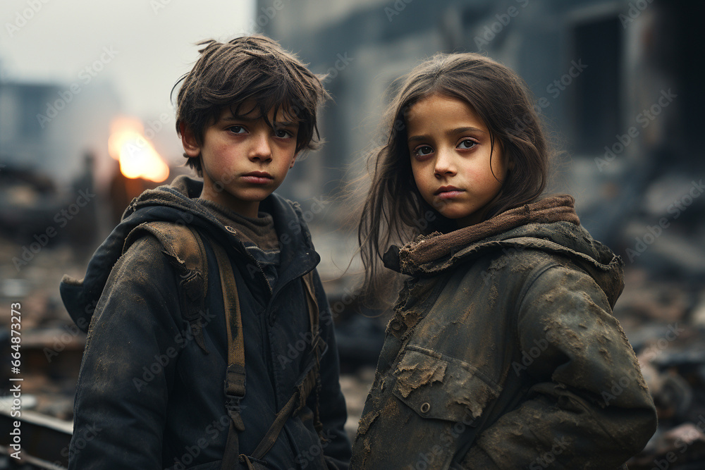 War-ravaged children, their innocence stolen by the harsh realities of conflict, symbolizing the urgent need for peace and humanitarian aid. Ai generated War-ravaged children, their innocence stolen by the harsh realities of conflict, symbolizing the urgent need for peace and humanitarian aid. Ai generated