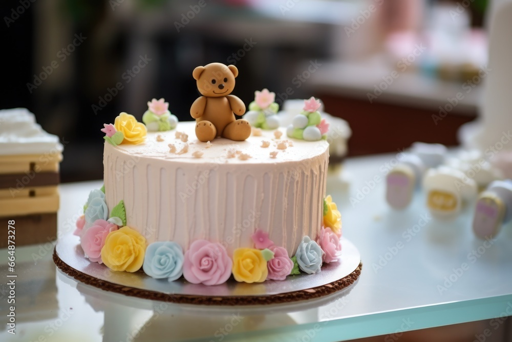 detailed view of a baby shower cake with edible decorations detailed view of a baby shower cake with edible decorations