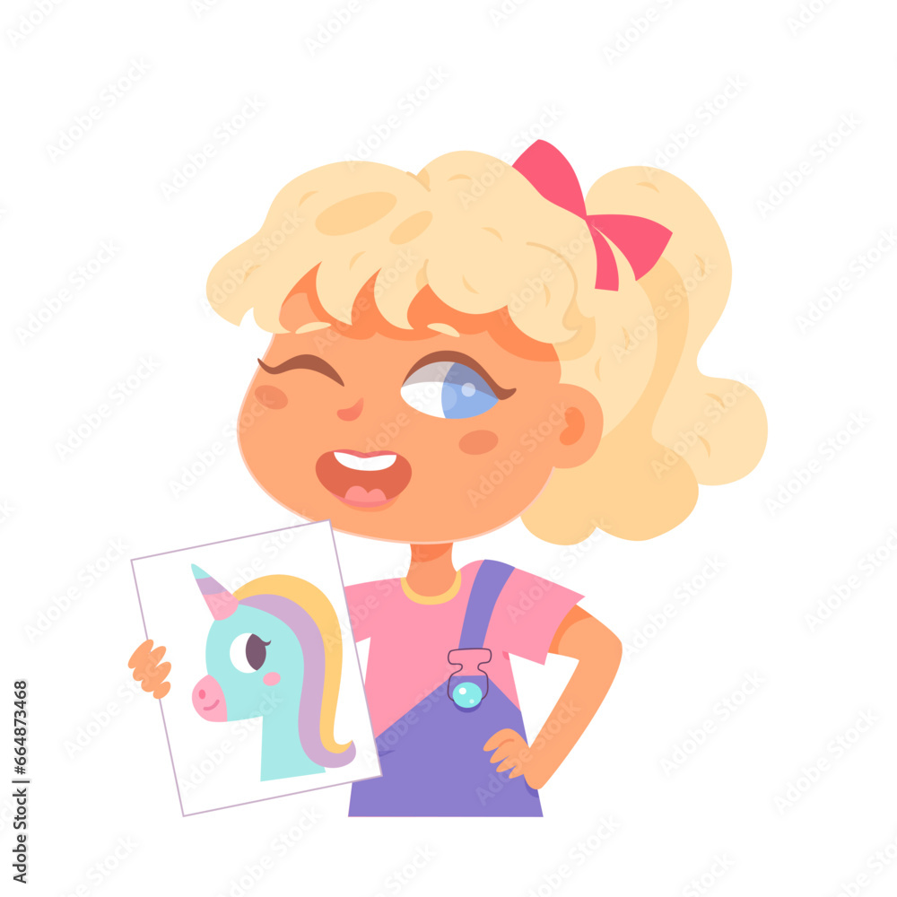 Cute girl shows picture of unicorn painting by her at school or home. Young child painter. Children art. Creative kids. Learning, enjoy, education, playing concept. Cartoon funny vector illustration