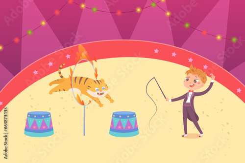 Circus performance of tiger jumping through ring with fire and trainer vector illustration. Cartoon isolated portraits of cute boy tamer in vintage tuxedo holding whip to train animal to jump