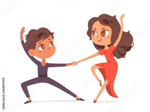 Children dance. Happy boy and girl dancing incendiary tango. Little music fans. Cute colorful cartoon kids vector illustration isolated on white background. Happiness, gladness and fun