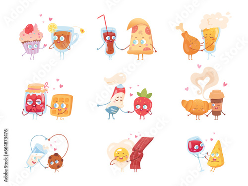 Cute food and drink characters in love set, two best friends and happy pairs collection