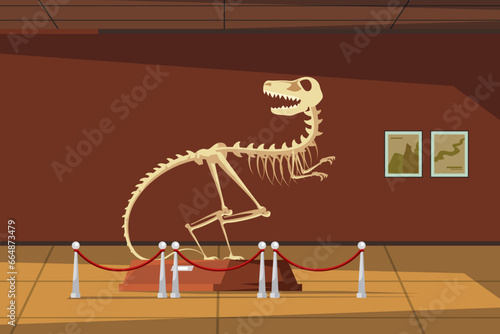 Paleontology museum with dinosaur fossils vector illustration. Cartoon paleontological exhibition with prehistoric dino skeleton. Historical artefacts and sculls on pedestals. Science concept