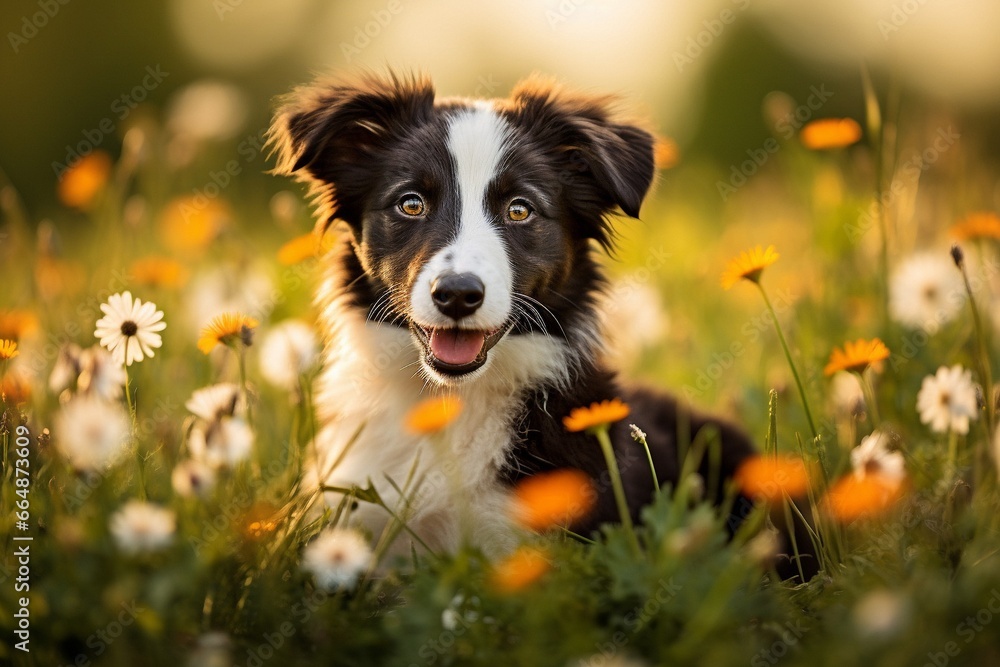 Border Collie puppy sitting in meadow, surrounded by flowers