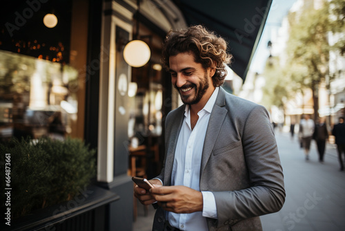 Handsome man smiling as he gazes at his mobile phone, radiating the joy of modern connectivity and personal connection. Ai generated