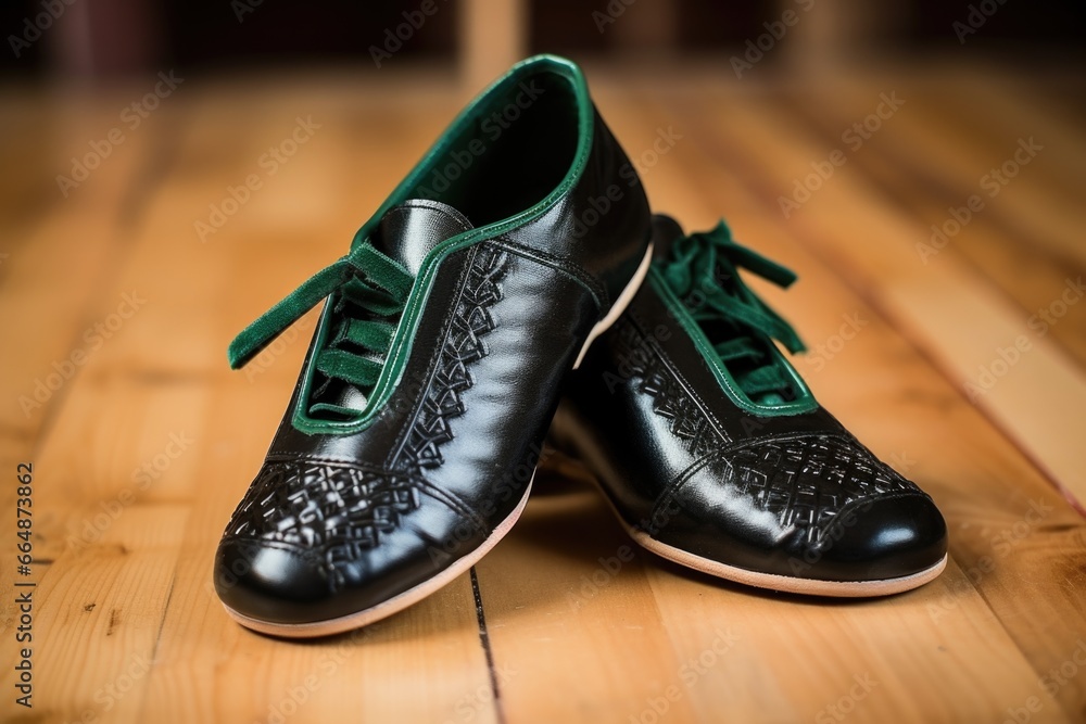 close-up of irish dance soft shoes on wooden surface close-up of irish dance soft shoes on wooden surface