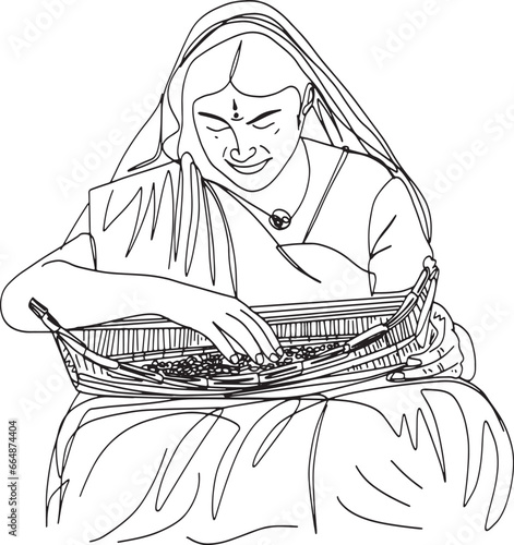 Sketch Drawing Cartoon Illustration of Indian Women Cleaning Wheat Grain in Rural Setting, Cartoon Illustration of Rural Indian Women Engaged in Wheat Grain Cleaning