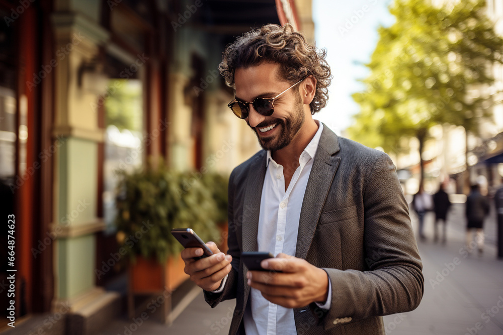 Handsome man smiling as he gazes at his mobile phone, radiating the joy of modern connectivity and personal connection. Ai generated Handsome man smiling as he gazes at his mobile phone, radiating the joy of modern connectivity and personal connection. Ai generated