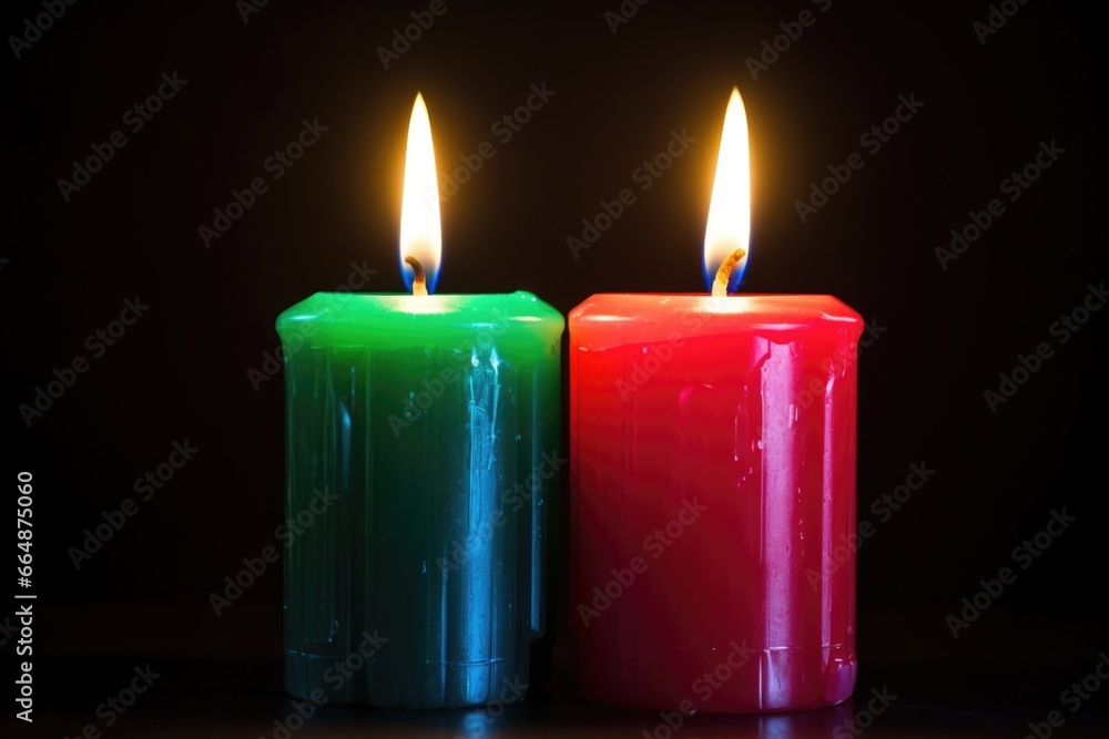 two different colored candles burning together two different colored candles burning together