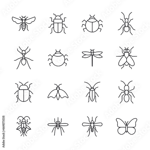 Set of bugs and insect icon for web app simple line design photo