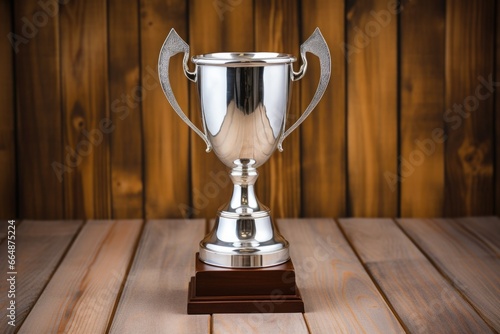 silver cup trophy on a polished wooden background