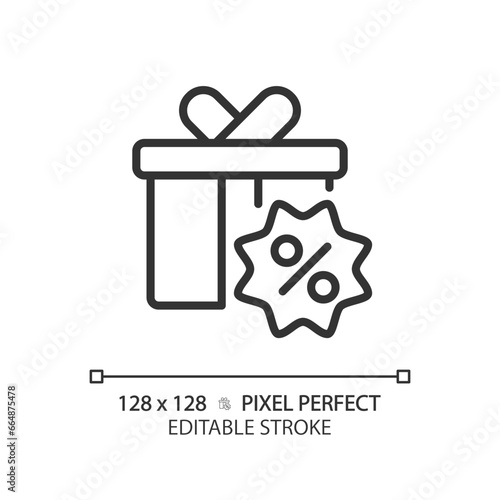 2D pixel perfect editable black gift hamper icon, isolated vector, simple thin line illustration representing discounts.