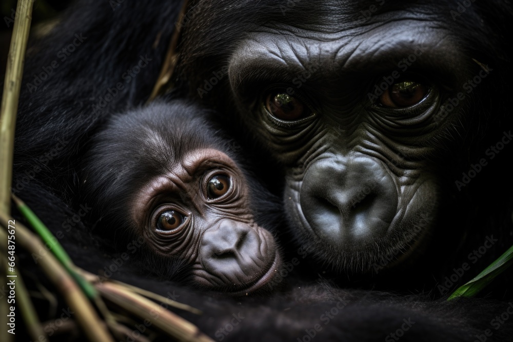 a gorilla mother cradling her baby a gorilla mother cradling her baby