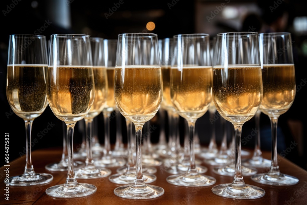 fluted glasses filled with champagne, bubbles visible fluted glasses filled with champagne, bubbles visible