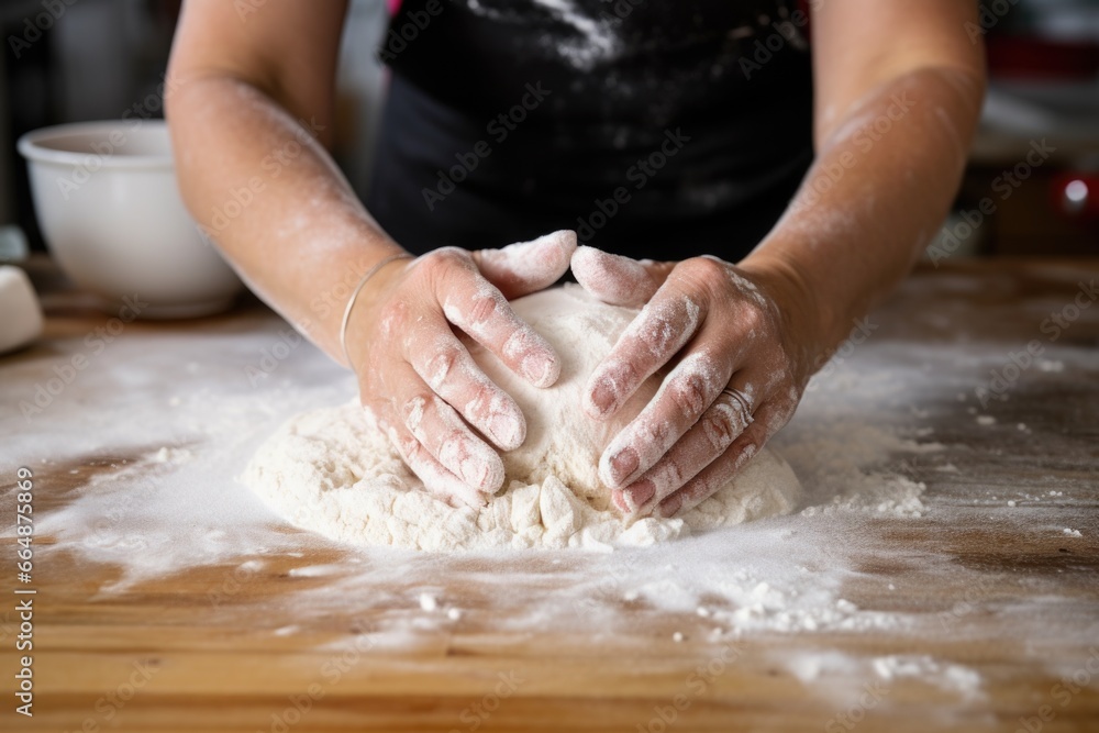 hands kneading dough on a flour-dusted counter