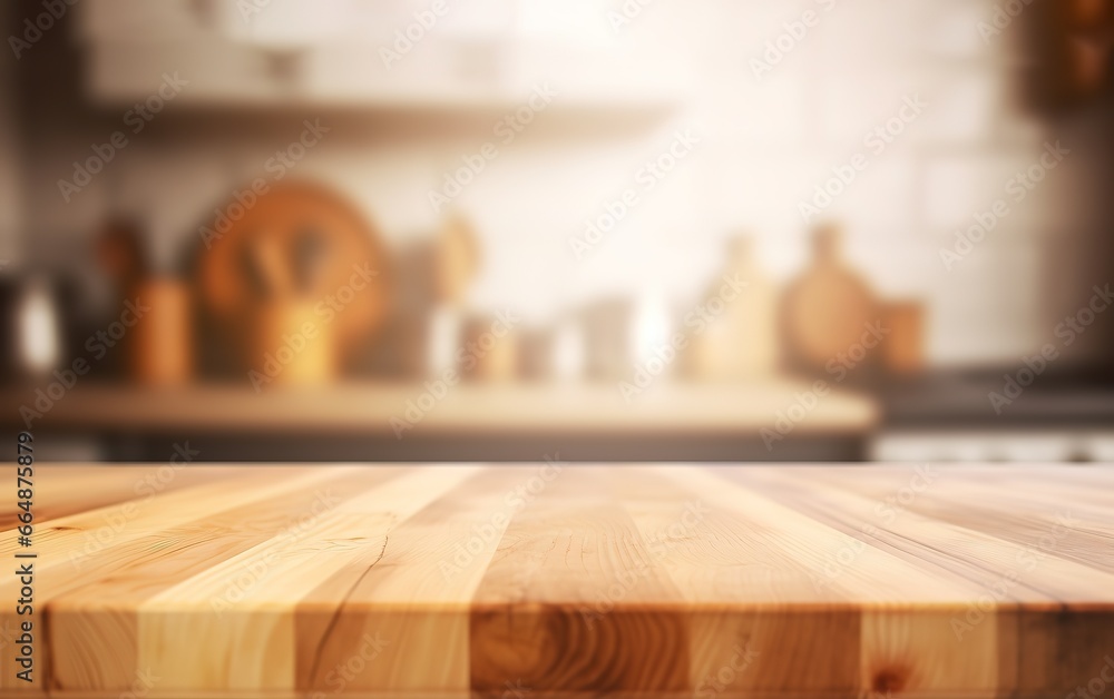 Empty brown wooden table with home kitchen background. Background templates for products, Banners or product templates to display on social media. Generative AI