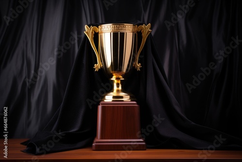wooden trophy with gold accents on a black velvet cloth