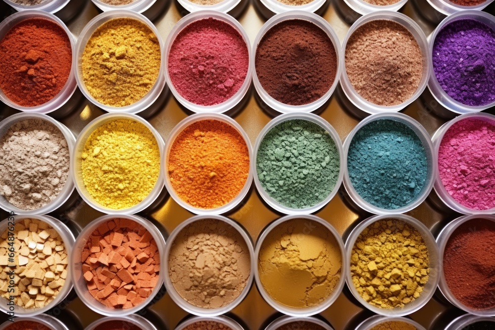 overhead shot of an array of raw materials used for eyeshadow production