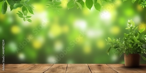 Empty brown wooden table with green bokeh blur fresh leaves background of trees. Background templates for products, Banners or product templates to display on social media. Generative AI