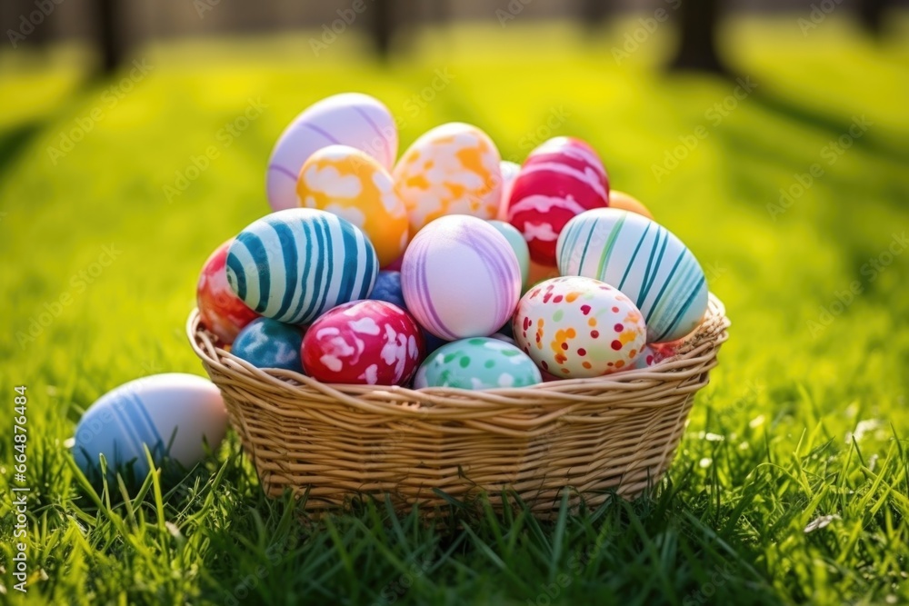 wicker basket filled with painted easter eggs on grass wicker basket filled with painted easter eggs on grass