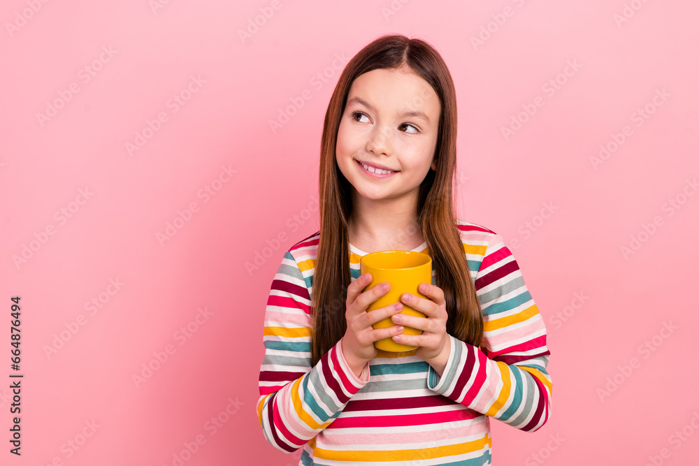 Photo of cute charming beautiful daughter waiting her father job evening atmosphere drinking tea cup isolated on pink color background Photo of cute charming beautiful daughter waiting her father job evening atmosphere drinking tea cup isolated on pink color background