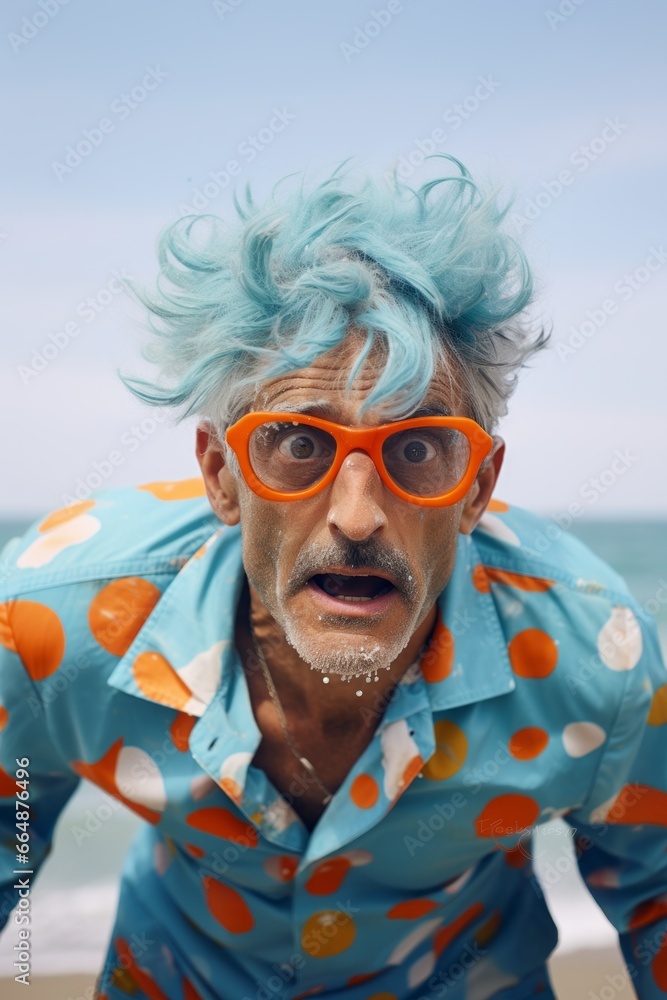 Portrait of senior man with blue hair and orange glasses on the beach