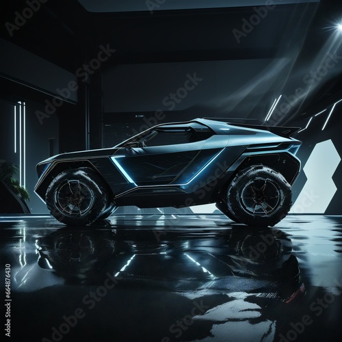 a close up of a futuristic car in a dark room