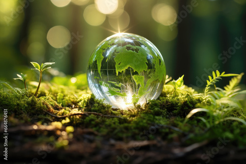 Crystal earth in green grass forest with sunlight. Environment, save the World, earth day, ecology, and Conservation Concepts..