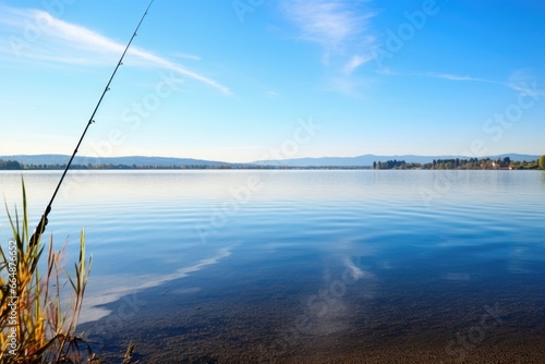 a fishing rod and catch by a calming lake